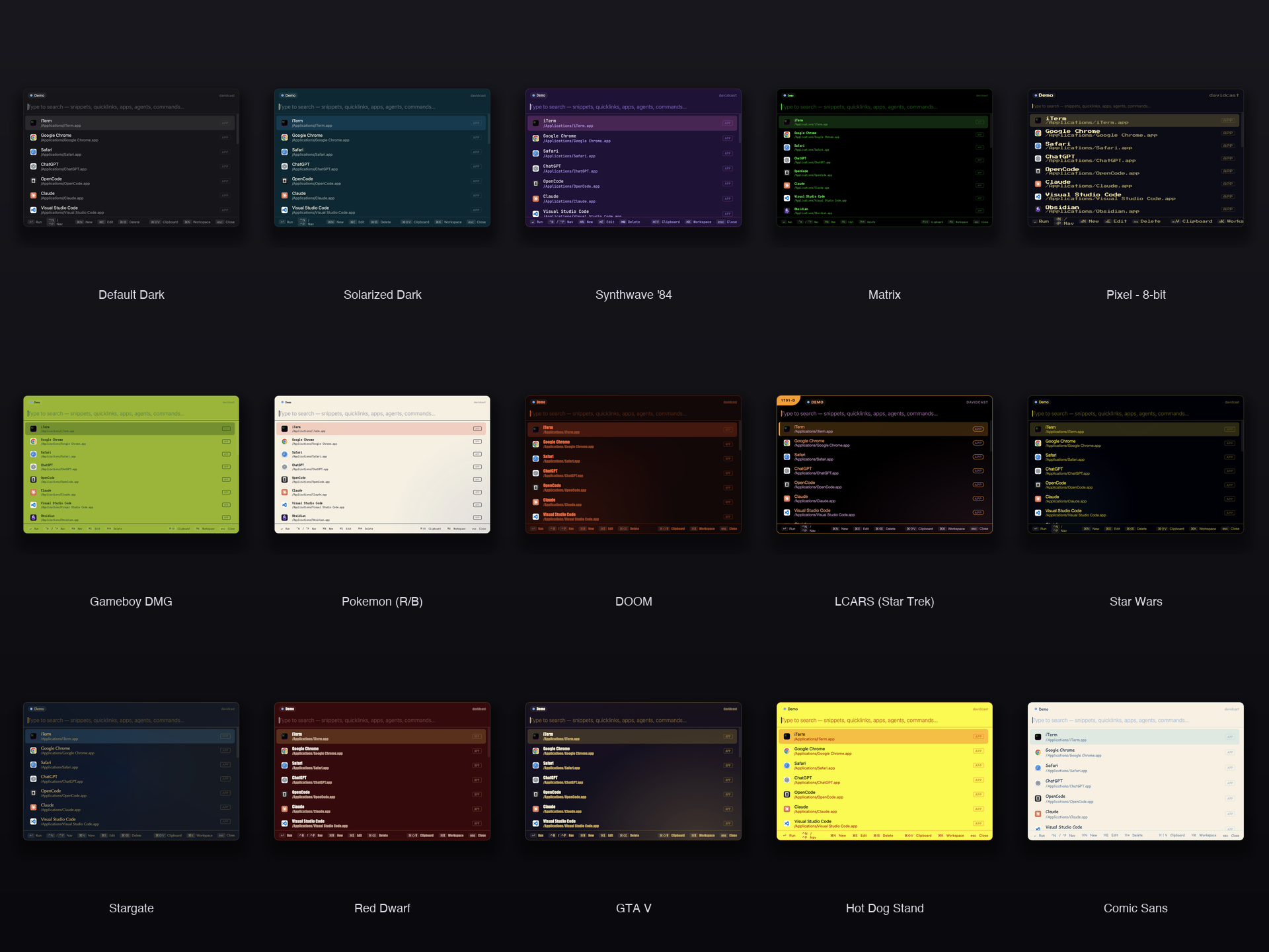 Fifteen davidcast themes including Default Dark, Solarized, Synthwave, Matrix, Pixel 8-bit, Gameboy, Pokémon, DOOM, LCARS Star Trek, Star Wars, Stargate, Red Dwarf, GTA V, Hot Dog Stand, Comic Sans