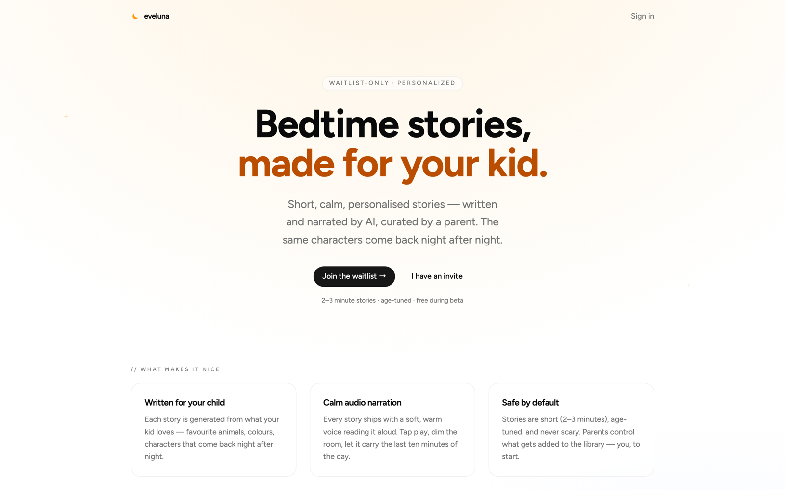 eveluna landing page — personalized bedtime stories for kids