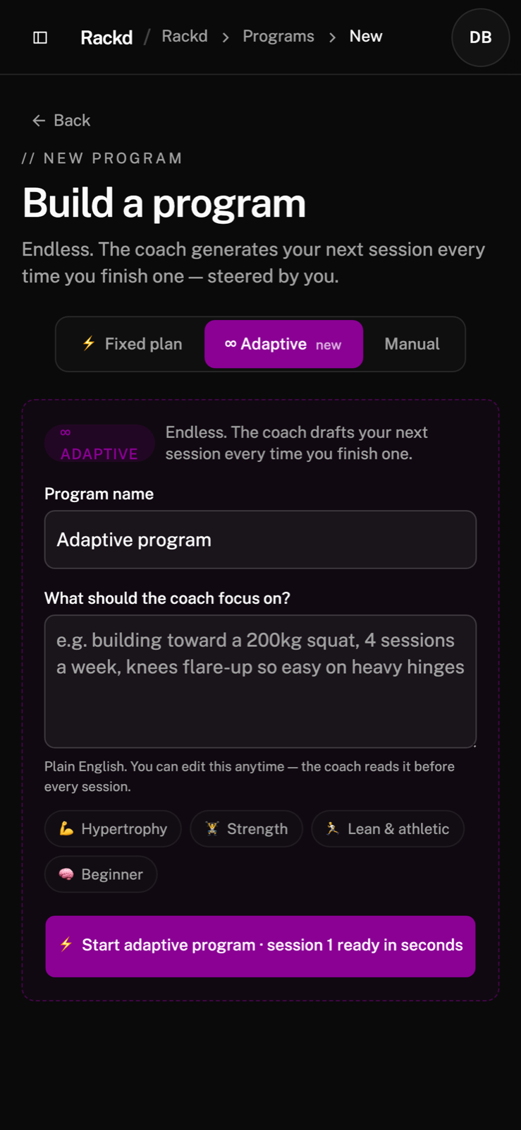Rackd new-program — adaptive panel with steering chips