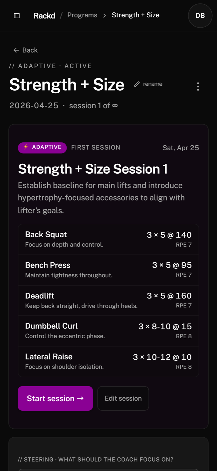 Rackd adaptive program — AI coach drafts the next session