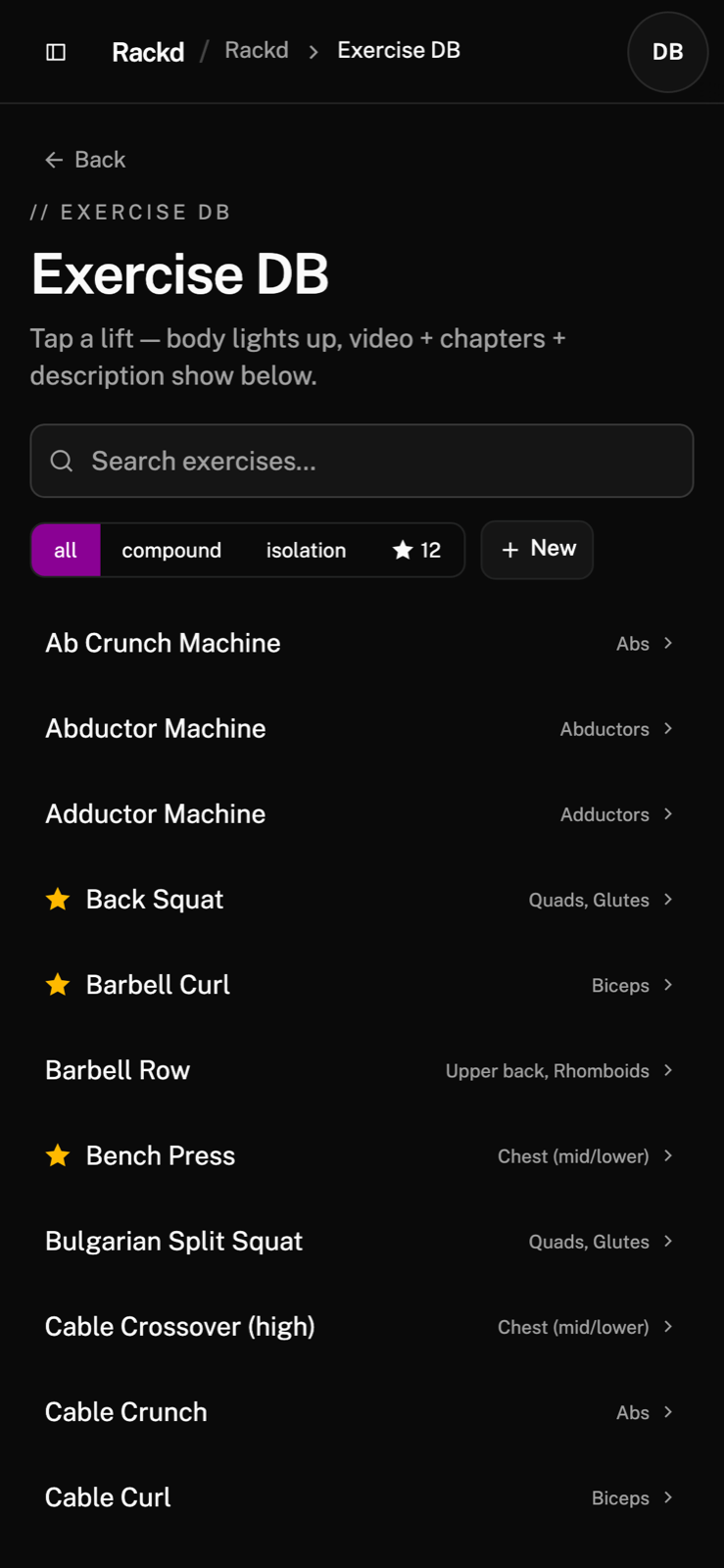 Rackd exercise DB with 3D anatomy