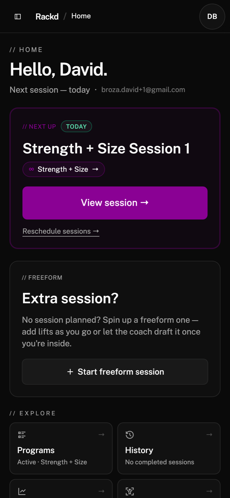 Rackd home dashboard with the next session card