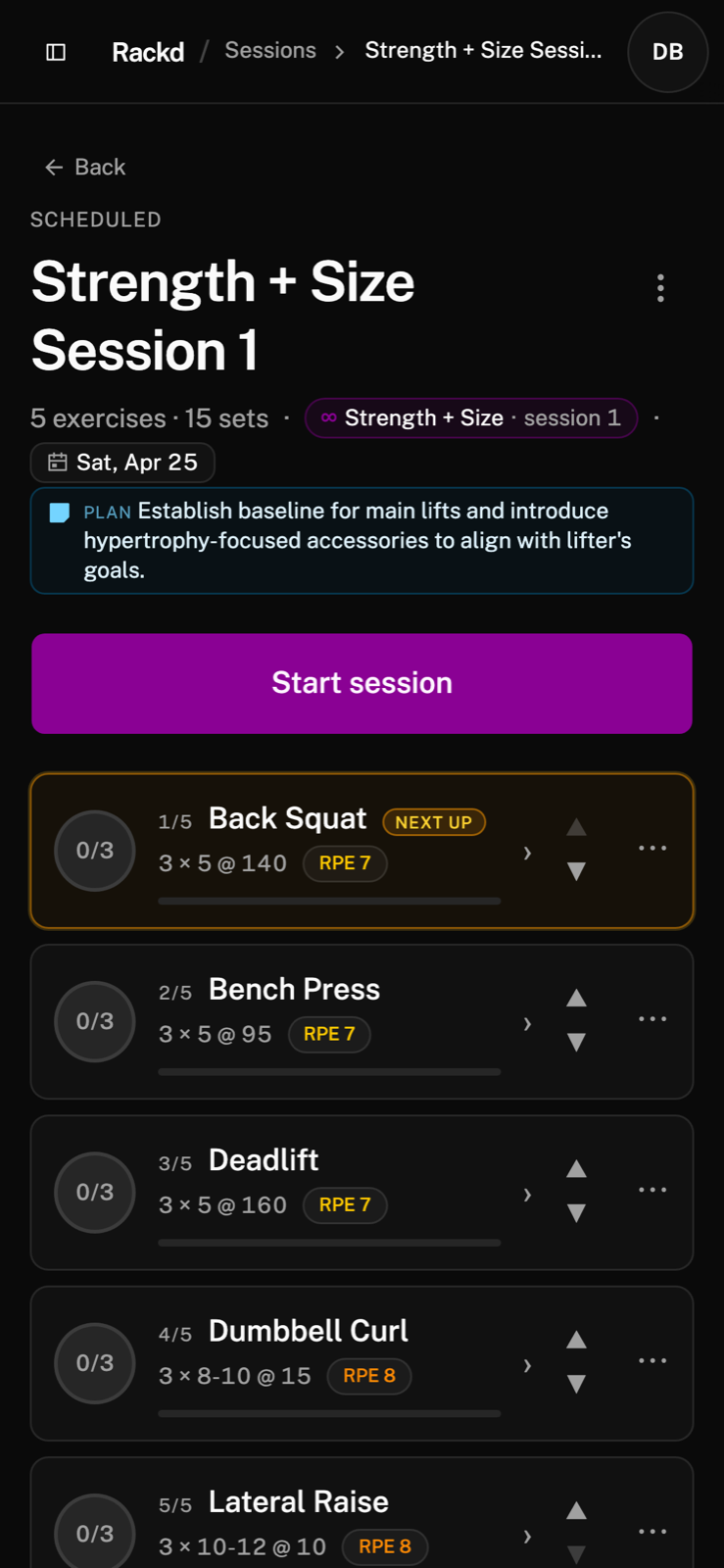 Rackd session list — done in emerald, current in amber