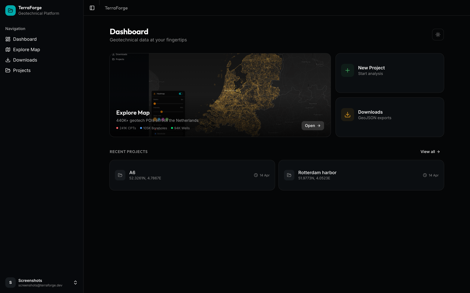TerraForge dashboard with heatmap tile