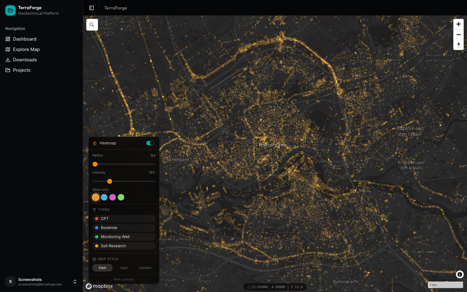 TerraForge — same heatmap zoomed onto Rotterdam, with the heatmap controls panel