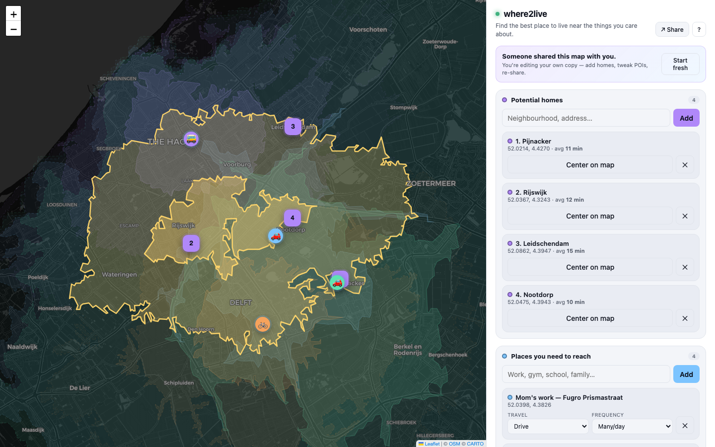 Where2Live desktop — gold overlap zone reachable from four POIs