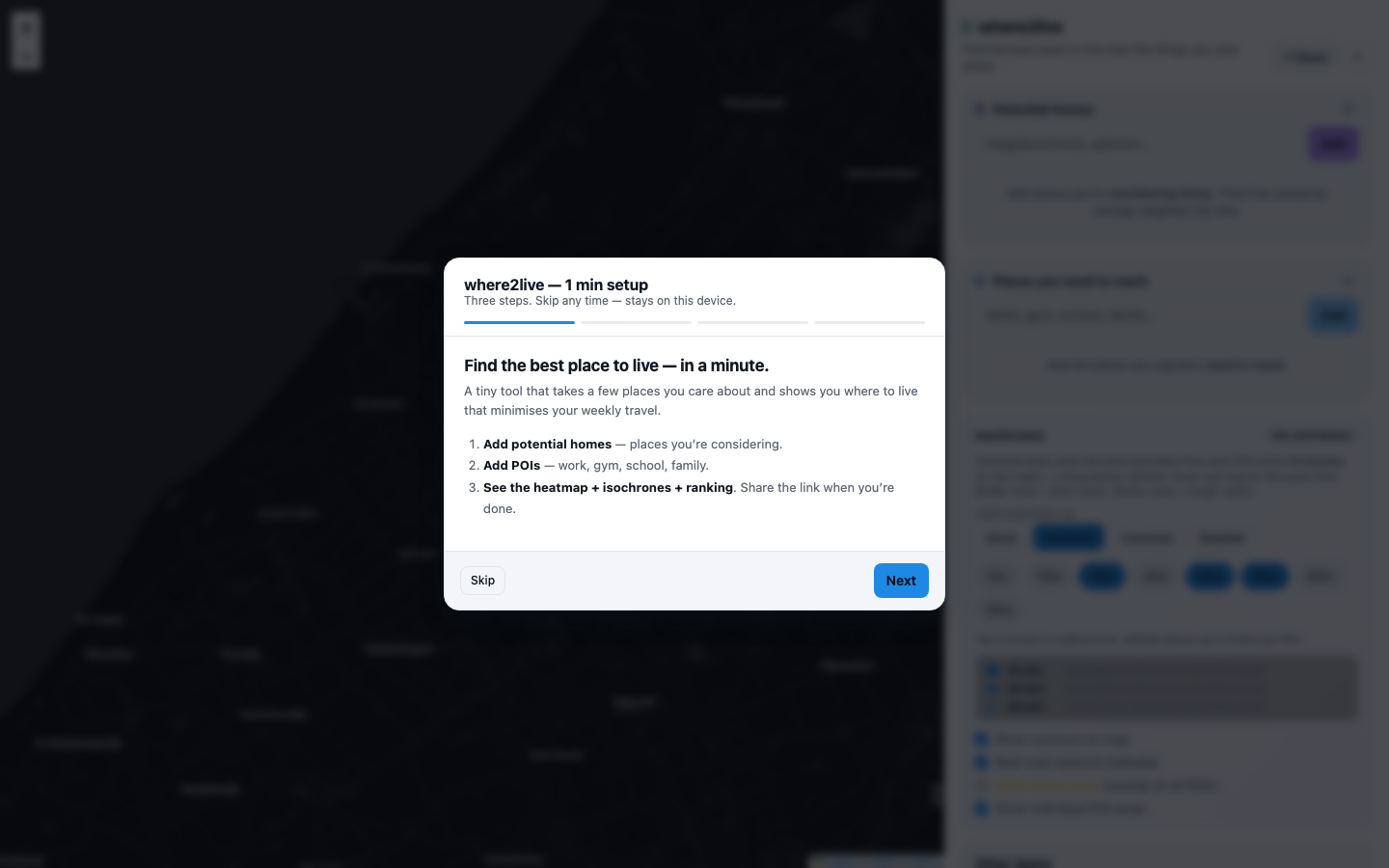 where2live landing with one-minute onboarding wizard