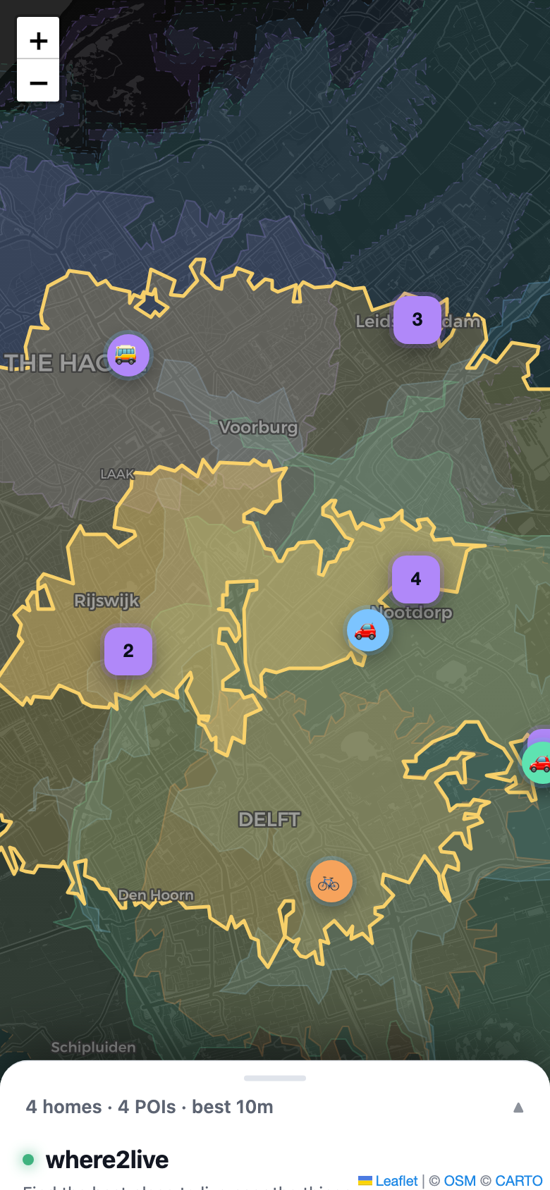 Where2Live on mobile — same overlap zone, share-able URL