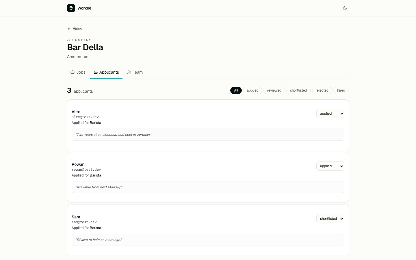 Company applicants dashboard with three candidates