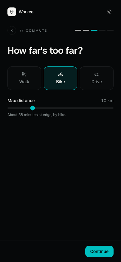 Commute step on mobile with Walk/Bike/Drive and a radius slider