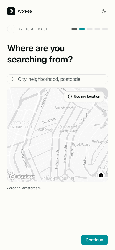 Onboarding location picker on mobile, with a pin in Jordaan